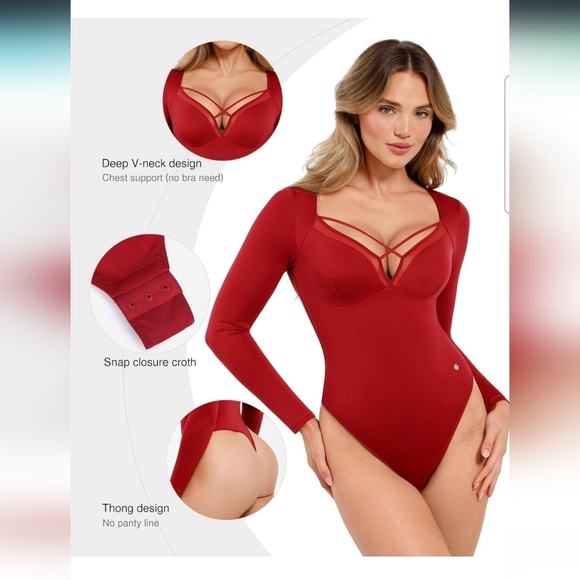 Popilush Women's Longsleeve Maroon Shapewear Tummy Control Bodysuit Size XXL - Picture 3 of 11